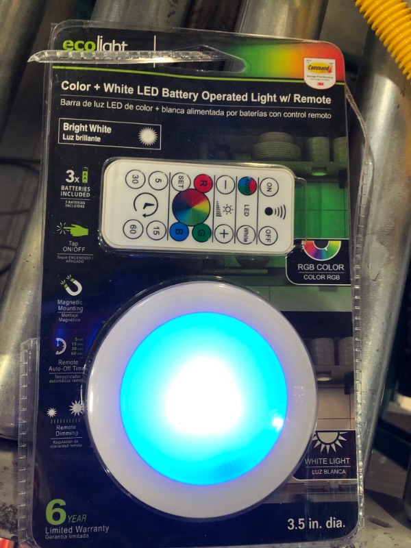 Photo 3 of Ecolight 3.5in Battery-Operated LED Puck Light - White, RGB and 400K White, Magnetic, Tap on/Off, auto Timer with IR Remote
