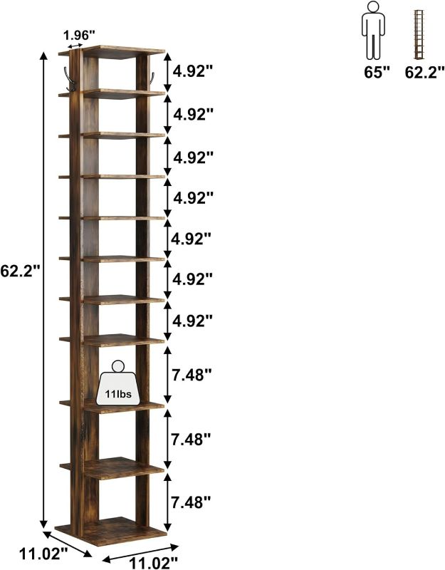 Photo 5 of (READ FULL POST) Vertical Shoe Rack,10 Tier Narrow Shoe Shelves, Wood Shoe Organizer 10.4"D x 11.8"W x 67.3"H Rustic Brown