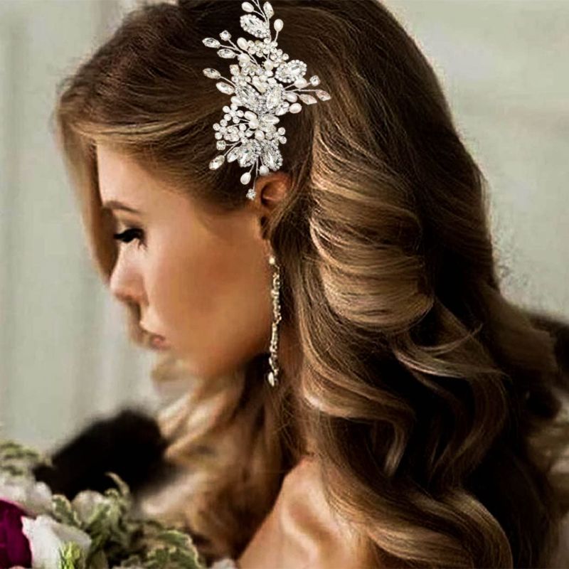 Photo 1 of Crystal Bride Wedding Hair Comb Pearl Flower Hair Piece