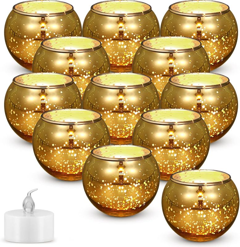 Photo 1 of 24 Pcs Votive Candle Holders and LED Tea Light Candles Set, Round Speckled Glass Candle Holders with Flameless Tealights Centerpiece Table Decor for Valentine's Day Wedding Party(Gold)
