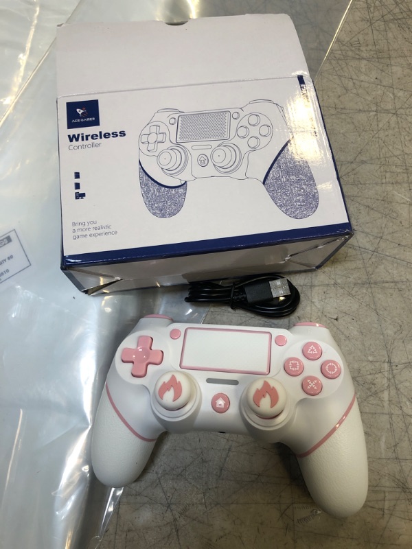 Photo 2 of AceGamer Wireless Controller for PS4, Custom Design V2 Gamepad Joystick for PS4 with Non-Slip Grip of Both Sides and 3.5mm Audio Jack! Thumb Caps Included! (Pink-White)