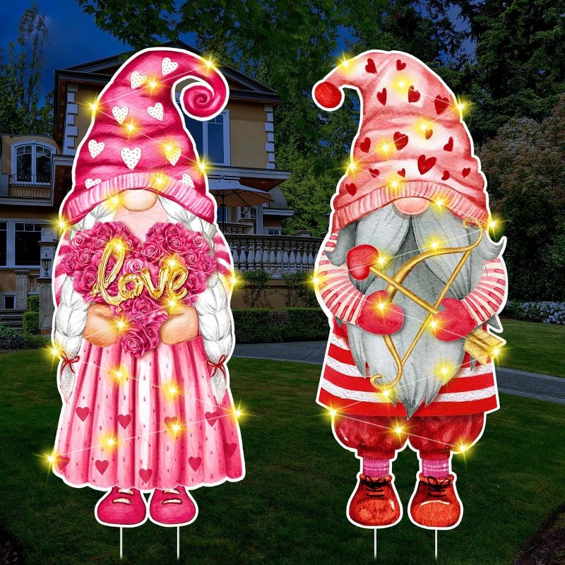 Photo 1 of 2 Pack Valentine's Day Yard Signs Led Light Gnomes Yard Decor Heart Flower Led Outdoor Lawn Decorations Valentine's Day Patio Lawn with H Stands for Valentine Party Supplies Lawn Garden Decor
