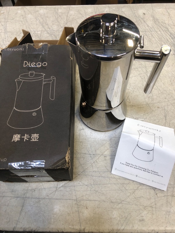 Photo 2 of Easyworkz Diego Stovetop Espresso Maker Stainless Steel Italian Coffee Machine Maker 6Cup 10 oz Moka Pot Induction Espresso Pot 10 oz Silver