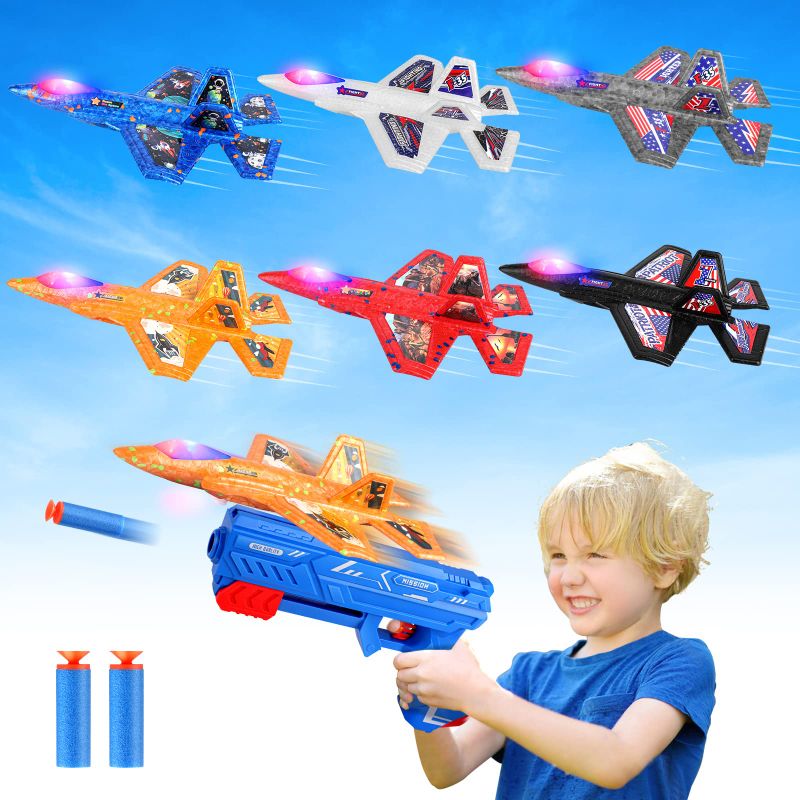 Photo 1 of 6 Pack Airplane Launcher Toy,7.4" F-35 Foam LED Plane,Catapult Plane with 6 Stickers Boy Toys for Kids Outdoor Flying Toys Birthday Gifts for 4 5 6 7 8 9 10 12 Year Old Boys Girls