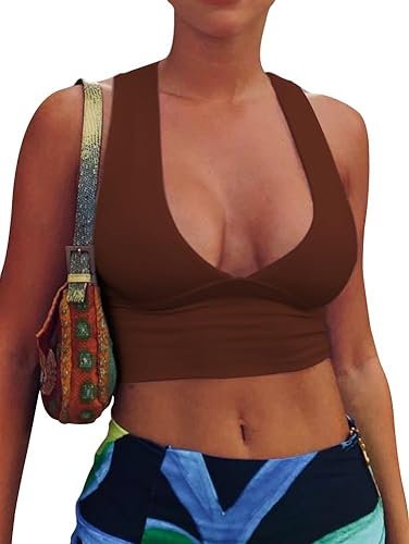 Photo 1 of AEPEBO Sexy Crop Tops for Women Deep V Neck Back Cutout Sleeveless Plunge Racerback Tank Cropped Top X-Small 