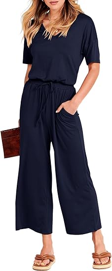 Photo 1 of ANRABESS Women Summer Casual Short Sleeve V Neck Elastic Waist Wide Leg Cropped Pants Jumpsuits Rompers with Pockets size xxl