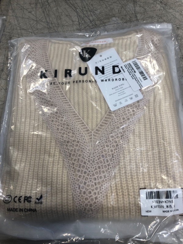 Photo 2 of KIRUNDO Women's 2024 Fall Casual Crochet Long Sleeve Lace V Neck Ribbed Knit Pullover Sweater Tops (Beige, Small)