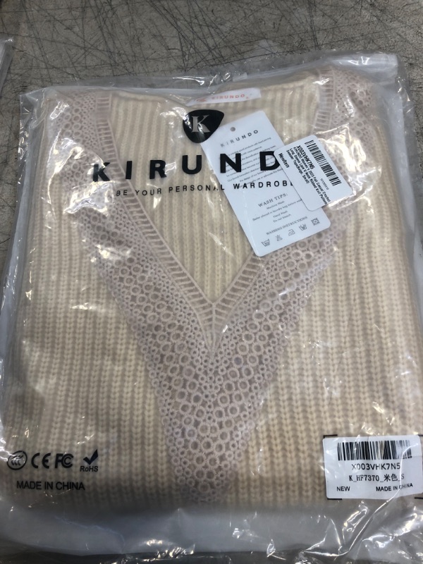 Photo 1 of KIRUNDO Women's 2024 Fall Casual Crochet Long Sleeve Lace V Neck Ribbed Knit Pullover Sweater Tops (Beige, Small)