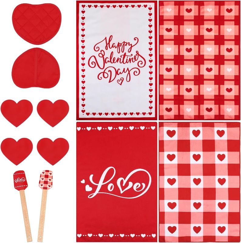 Photo 1 of 12 Pcs Valentine's Day Kitchen Towels Heart Shaped Pocket Pot Holders Heart Coasters Silicone Spatulas Set Valentine Dish Towel Decorative Heat Resistant Kitchen Gifts for Cooking Baking
