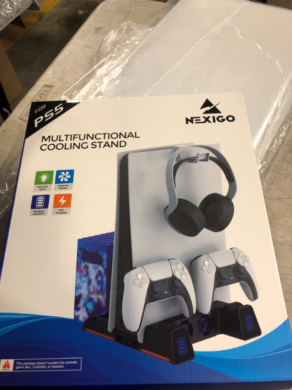 Photo 2 of NexiGo PS5 Slient Cooling Stand with RGB LED Light, Dual Charging Station Compatible with DualSense Edge Controller, Hard Drive Slot, Headset and Remote Holders, 10 Game Slots, Black Black Standard