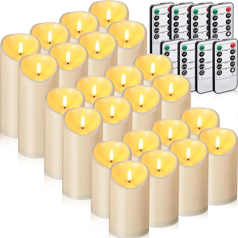 Photo 1 of 24 Pcs Flickering Flameless Candles with 8 Remote Timer Battery Operated Flameless Pillar Candles Ivory White Candles for Wedding Holiday Party Home Decor, D 3" x H 5" 6" 7"
