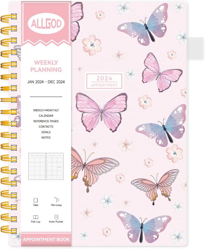 Photo 1 of 2024 Appointment Book 15 Minute Interval Hourly Planner from Jan 2024-Dec 2024 with Calendar,8.5 x 11 Weekly & Monthly Planner with Spiral Bound, Monthly Tabs, Pocket(Pink Butterfly, A4)
 