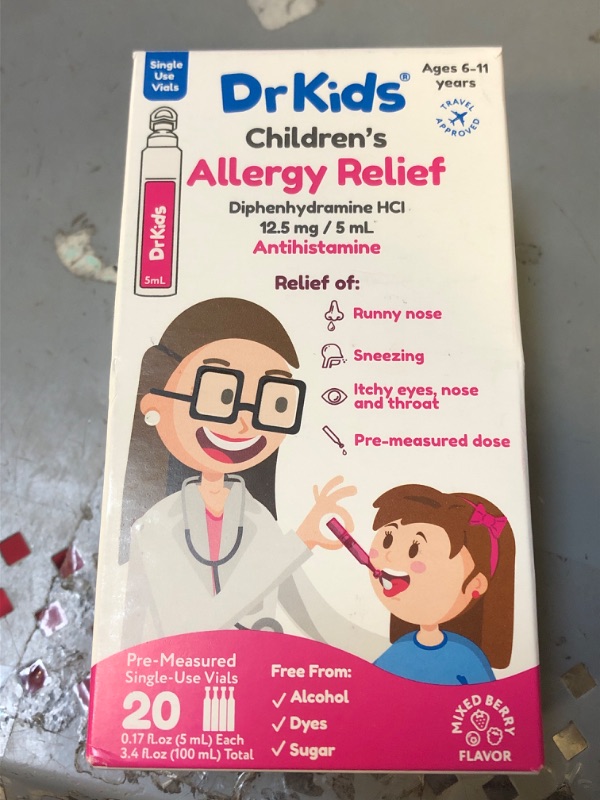 Photo 2 of Dr. Kids Children's Allergy Relief Medicine with Diphenhydramine, 20 Pre-Measured Single-Use Vials 20 Count (Pack of 1) 06 - 2024 exp  