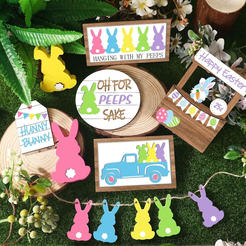 Photo 1 of  Pcs Easter Tiered Tray Decor Set Happy Easter Signs Easter Bunny Wooden Sign Rustic Farmhouse Spring Tray Decorations Set for Tiered Tray Home Easter Table 