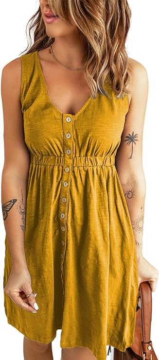 Photo 1 of BLENCOT Women's Casual Sleeveless T-Shirt Dresses Summer V Neck Button Down Swing Short Dress
 L  