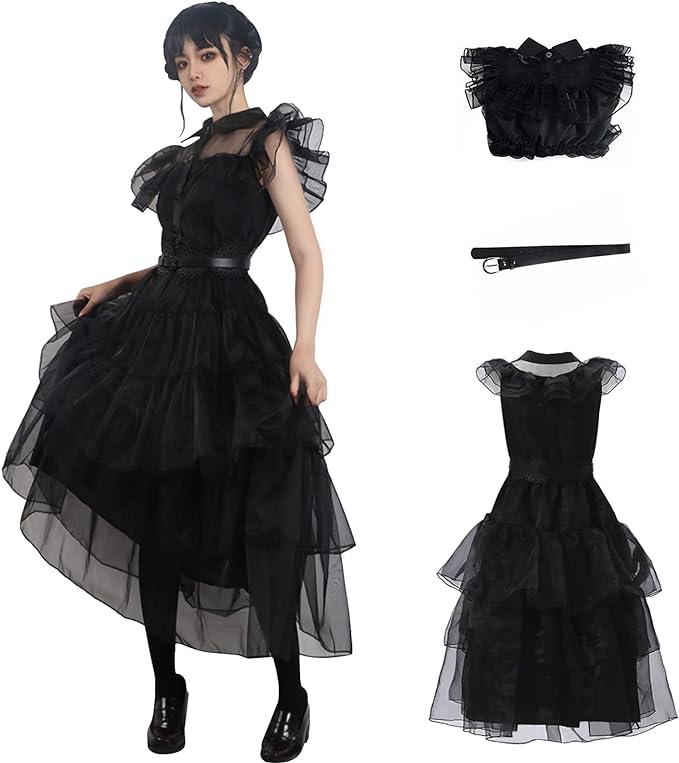 Photo 1 of Family Wednesday Costume Women Vintage Goth Black Raven Dance Dress Cosplay Girl Tulle Lace Skirt Halloween Party Outfit
 110 