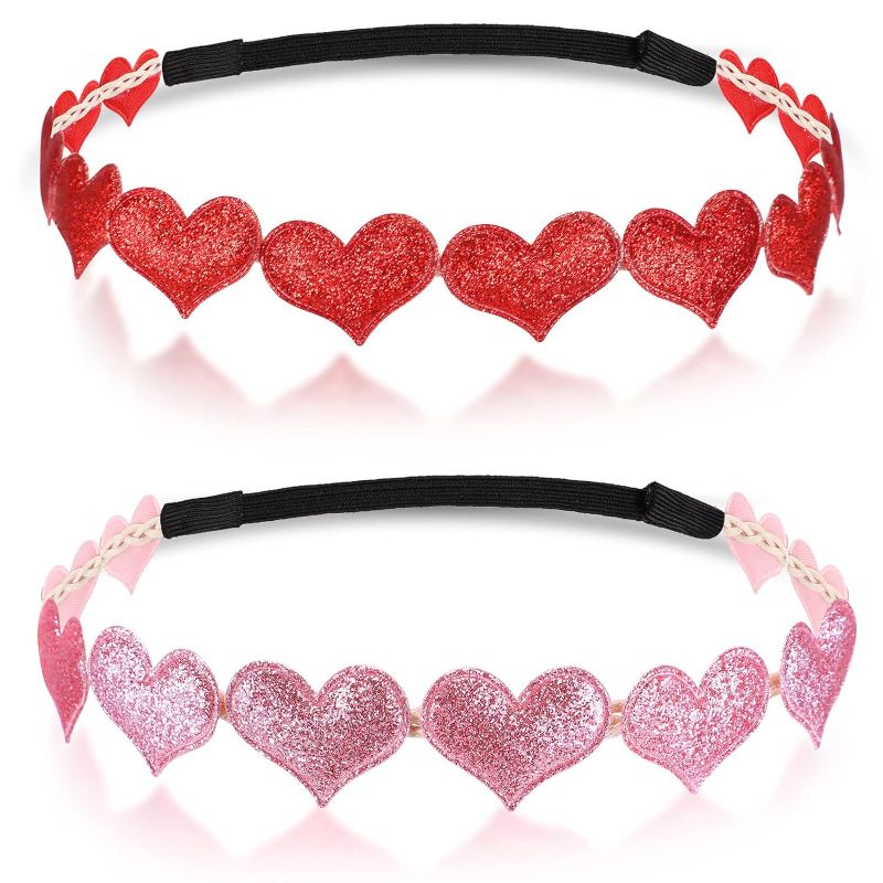 Photo 1 of 2 Pieces Valentines Day Hearts Headband Glitter Elastic Love Heart Cupid Headband Hair Accessories No Slip Hearts Headpiece Bling Pink Red Head Band Sparkly Headbands for Women Girls 