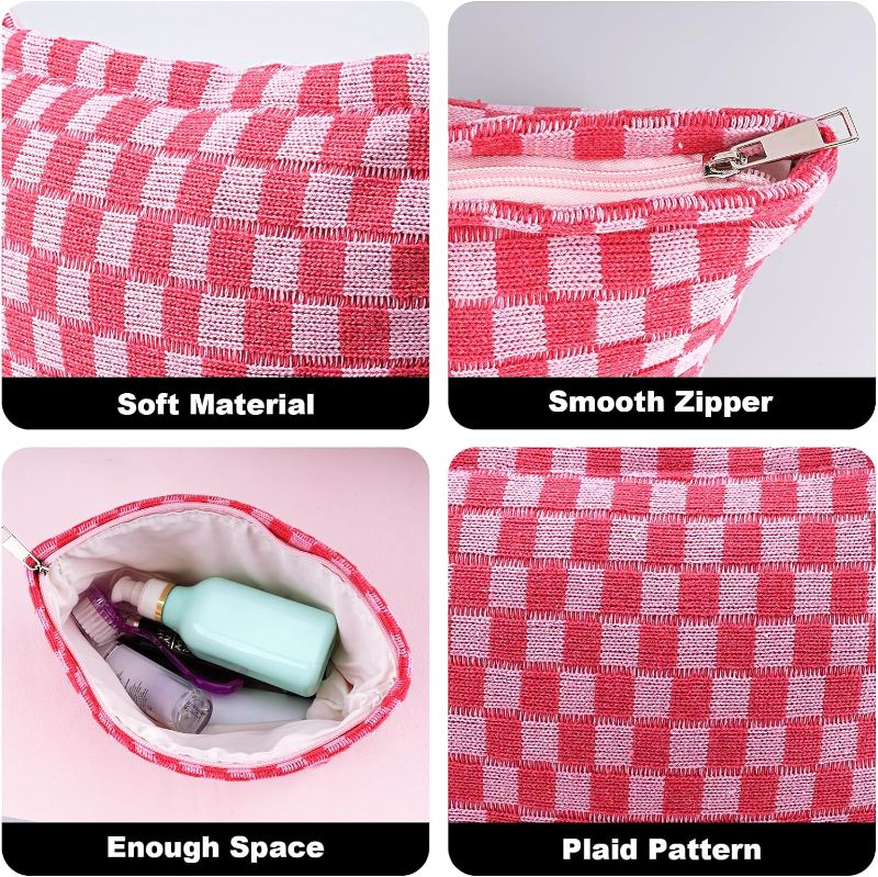 Photo 1 of 1pcs Makeup Bag Checkered Cosmetic Bag Cute Makeup Pouch Travel Toiletry Bag for Women Aesthetic Accessories Makeup Brushes Storage Bag Organizer (Pink)
 