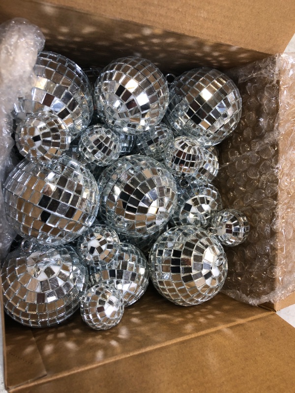 Photo 1 of 50 Pcs Disco Balls Ornaments Mini Disco Balls Silver Hanging Decorations Reflective Mirror Ball Cake Decoration 70s Disco Party Supplies for Christmas Festive (1.2 Inch, 2 Inch, 2.4 Inch, 3.2 Inch)