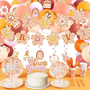 Photo 1 of 110 Pcs Two Groovy Party Decorations Hippie Party Supplies with Two Groovy Banner, Latex Balloons, Cupcake Toppers, Paper Plate Cups Disposable Spoon and Fork for Girls Kids Baby Shower Party