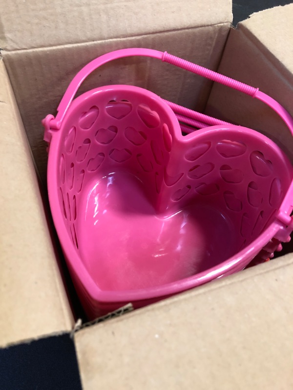 Photo 2 of Zcaukya 12 Packs Easter Baskets, 7.1" x 7.9" x 4.3" Small Plastic Heart Shaped Basket with Handles, Heart Hollowed Baskets Holders for Romantic Party Wedding Part Decor Easter Egg Hunting Pink Red Magenta - 12 Packs