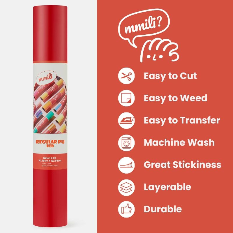 Photo 1 of  Vinyl Rolls Heat Transfer Vinyl - 12" x 6ft Regular PU Iron-on Vinyl for T-Shirts for All Cutter Machines and Heat Presses - Easy to Cut & Weed for DIY Designs (RED)