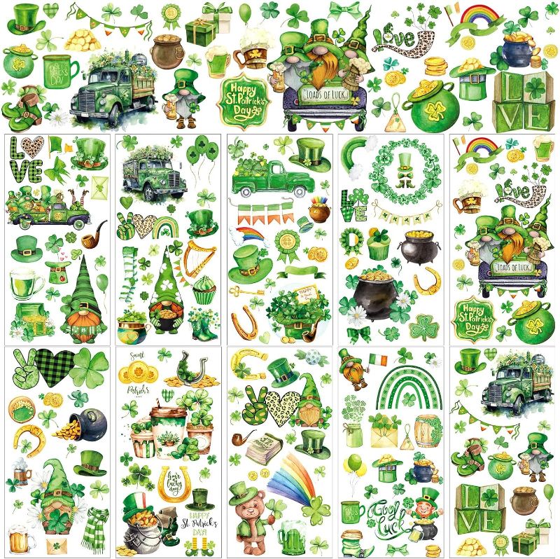 Photo 1 of 10 Sheets St. Patrick's Day Rub on Transfers for Crafts and Furniture Irish Stickers Lucky Shamrock Gnome Pattern St. Patrick's Day Iron on Decals Wood DIY Supplies for Home,5.9 x 11.8 Inch
