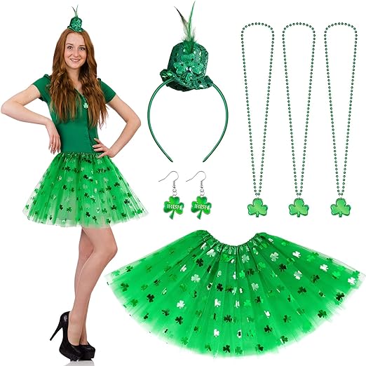 Photo 1 of Geyoga 7 Pieces St. Patty's Day Costume Accessories St. Patrick Day Tutu Skirt for Women, Feathered Headband, Shamrock Earrings, Irish Shamrock Necklaces for Girls Cosplay Play Party Supplies SMALL
