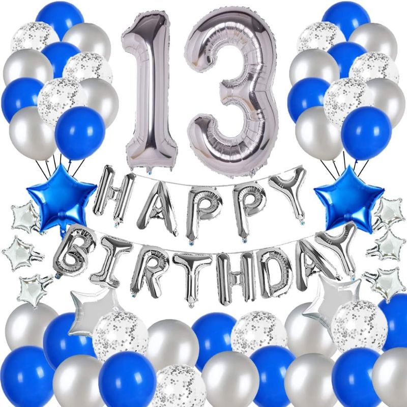 Photo 1 of "Blue and Silver 13rd Birthday Party Decorations Set- Silver Happy Birthday Banner,Foil Number Balloons, Latex Balloons and More for 13 Years Old Brithday Party Supplies"
