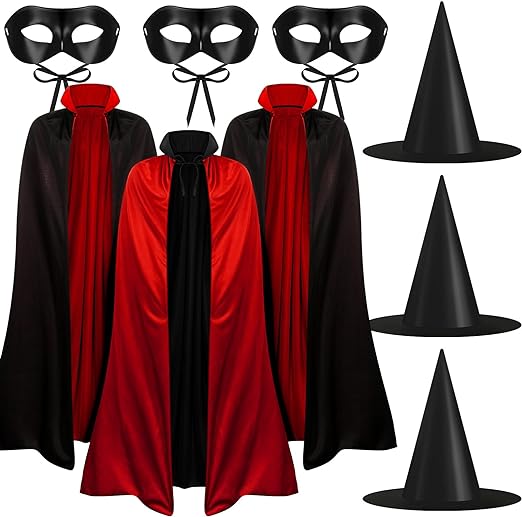 Photo 1 of Leumoi 9 Pcs Halloween Cape Vampire Costume Set 55 Inch Vampire Cloak with Vampire Mask Hat for Halloween Cosplay Red