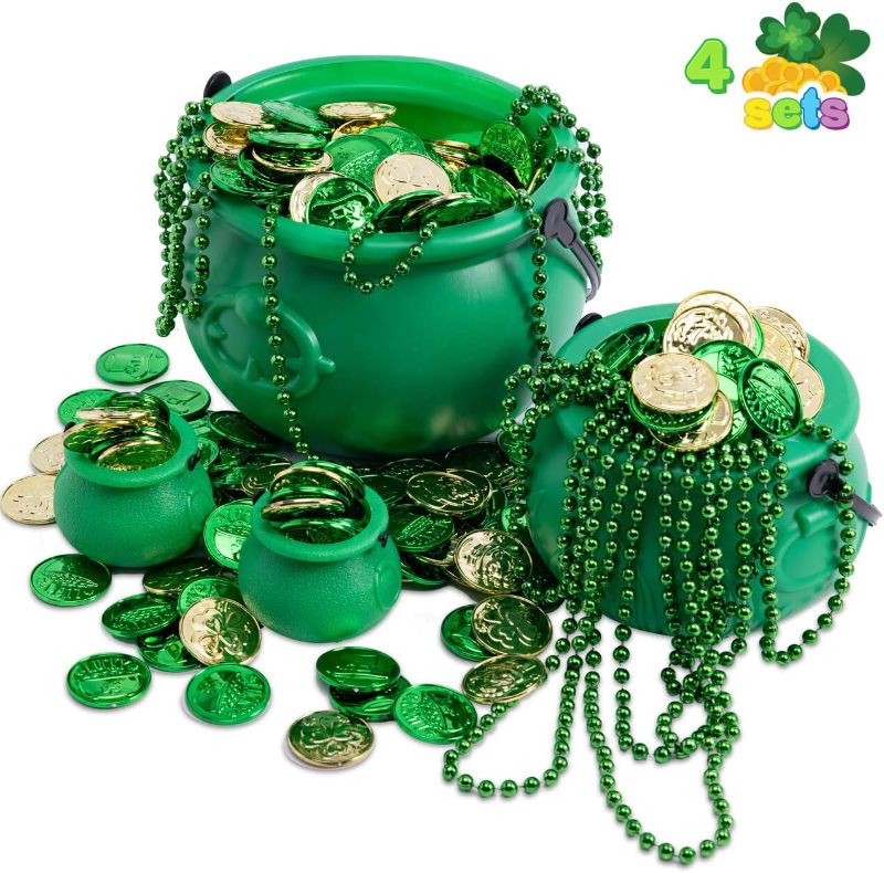 Photo 1 of JOYIN 4PCS St.Patrick's Day Green Cauldrons with Handle Party Supplies Set with 1 Pcs Large, 1 Medium and 2 Small Plastic Lucky Leprechaun Pots for Saint Patricks Pot of Gold Party Decorations
