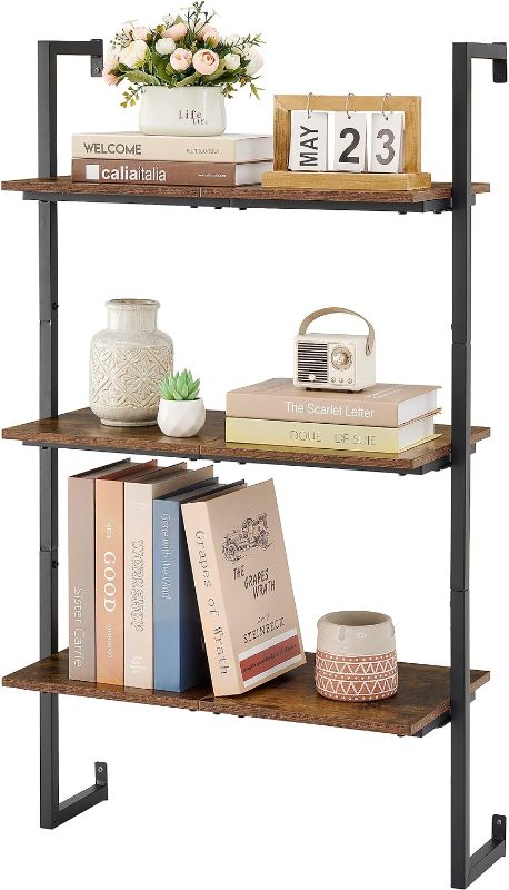 Photo 1 of Tajsoon Large Ladder Shelf, Industrial Bookcase, 3-Tier Wood Wall Mounted Bookshelf with Metal Frame, Open Storage Rack for Living Room, Bedroom and Plant Flower, Rustic Brown
