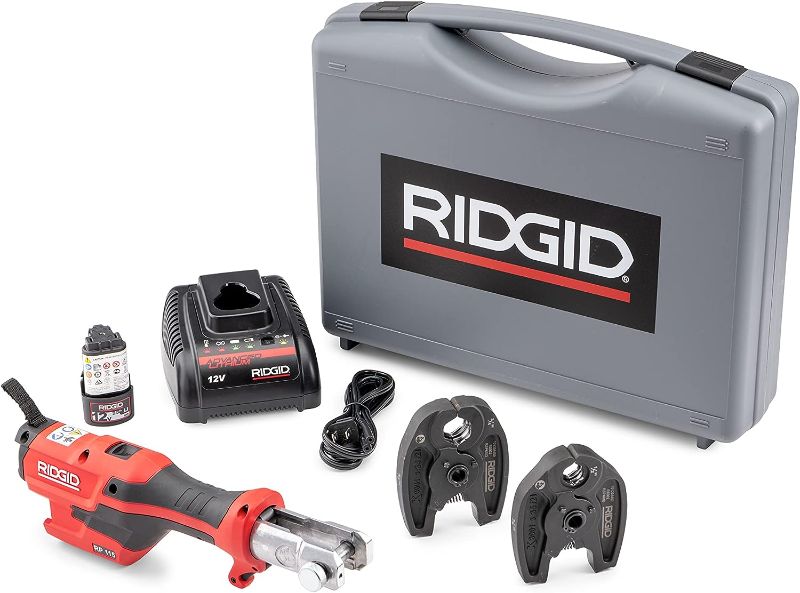 Photo 1 of RIDGID 72553 Model RP 115 Mini Press Tool and Battery Kit with 1/2" to 3/4" ProPress Press Tool Jaws, 2V Li/Ion Battery, 12V Charger, and Carrying Case , Red

