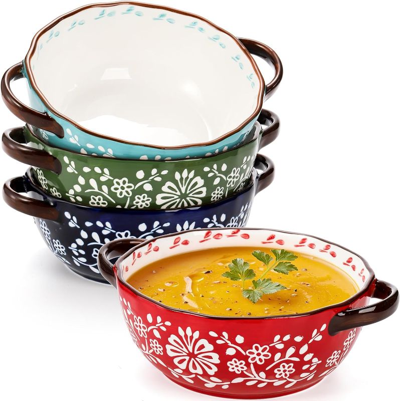 Photo 1 of Mezchi 4 Pack Ceramic Soup Bowls with Handles, 24 Oz French Onion Crocks, Assorted Stackable Serving Bowl for Chili, Soup, Stew, Cereal, Microwave and Oven Safe, 4 Color
