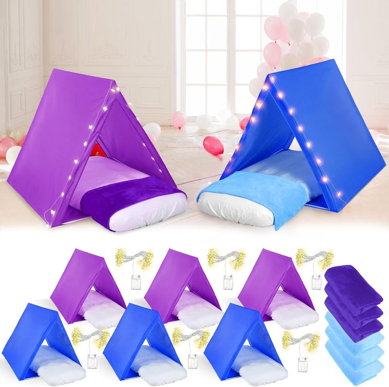Photo 1 of Foilswirl 6 Set Kids Teepee Tent Bulk Toddler Play Tent with Lights Inflatable Airbed Blankets Fitted Sheet, Foldable Indoor Outdoor Playhouse for Child Girls Boys Slumber Party(Blue, Purple)
