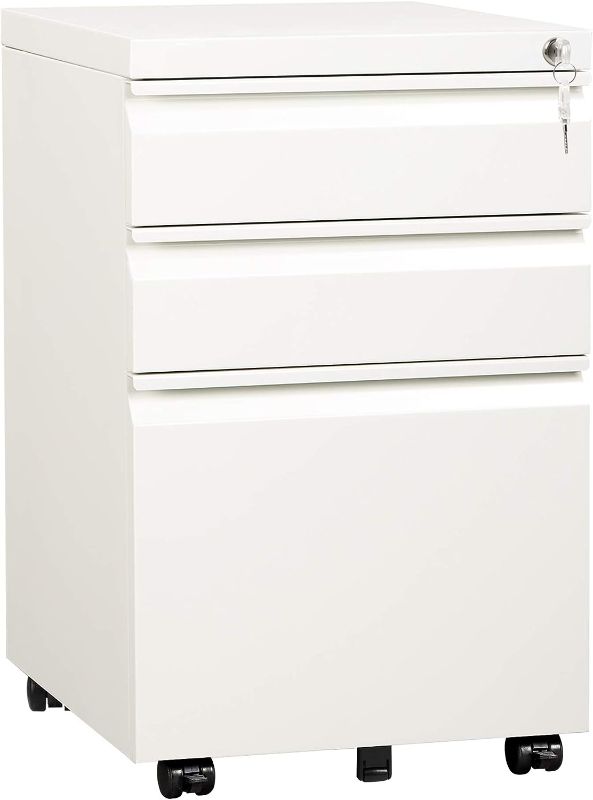 Photo 1 of DEVAISE 3 Drawer Mobile File Cabinet with Lock, Under Desk Metal Filing Cabinet for Legal/Letter/A4 File, Fully Assembled Except Wheels, White
