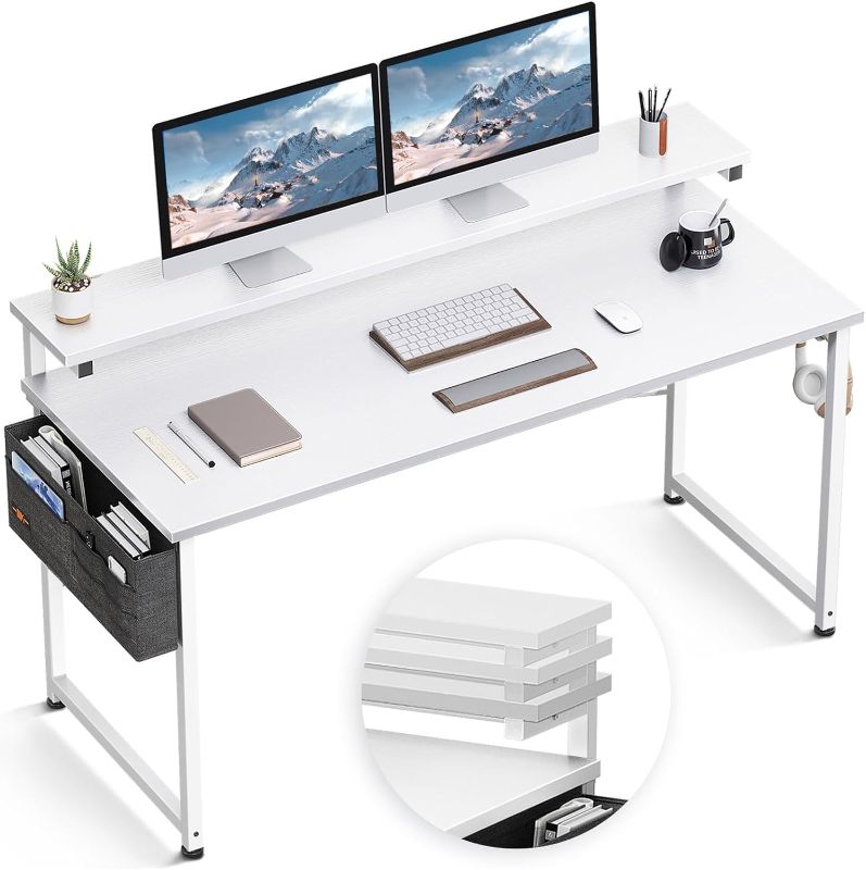 Photo 1 of ODK Computer Desk with Adjustable Monitor Shelves, 55 inch Home Office Desk with Monitor Stand, Writing Desk, Study Workstation with 3 Heights (10cm, 13cm, 16cm), White + White Leg
