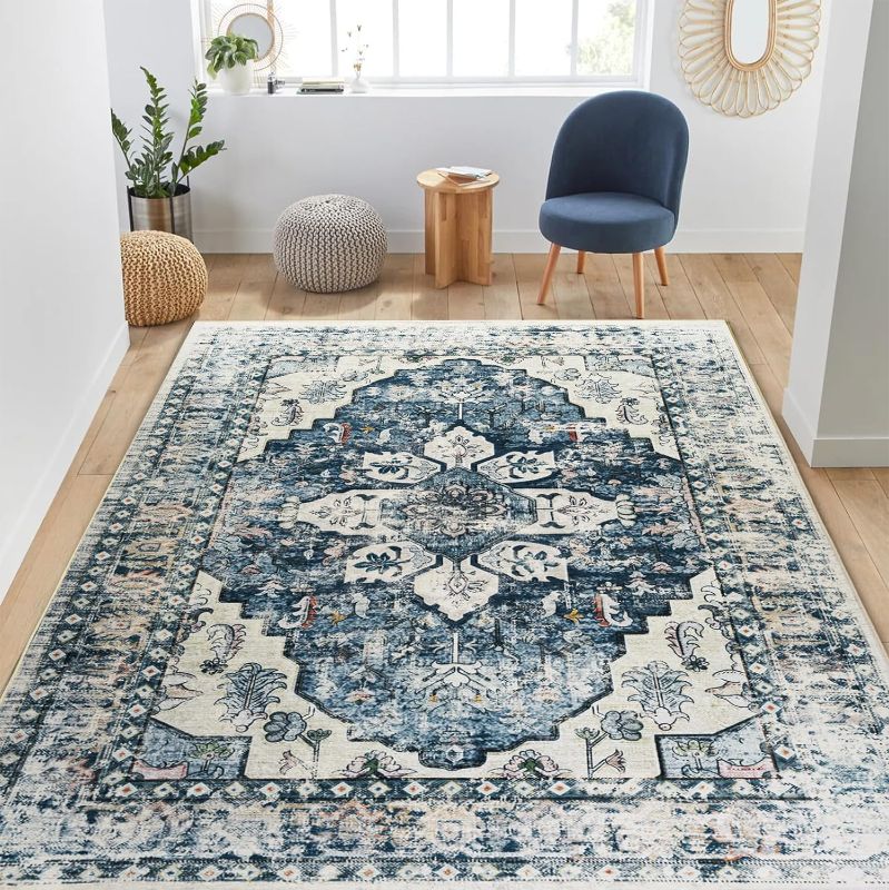 Photo 1 of BESTSWEETIE Area Rug 9x12 Rugs for Living Room 9x12 Boho Rug Washable Rugs 9x12 Vintage Area Rugs Carpet for Bedroom Living Room Indoor Distressed Non Slip No Pile, Blue
