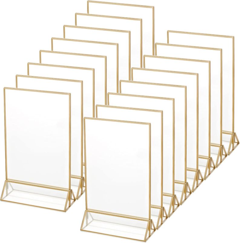 Photo 1 of 16 Pieces Gold Rimmed Clear Acrylic Table Sign Holders, Double Sided Frame with Gold Border and Vertical Stand for Wedding Table Number, Restaurant Sign, Photo Display, Menu Holder (5 x 7 Inch)

