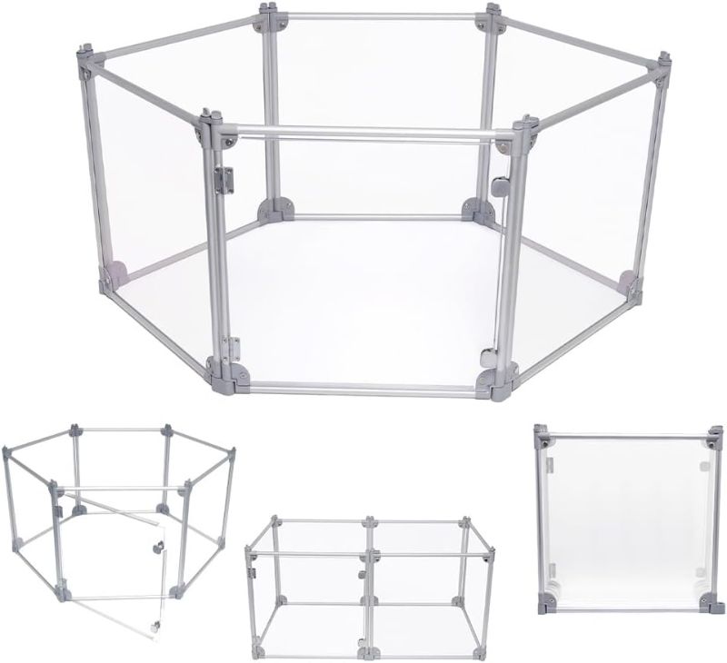 Photo 1 of Foldable Dog Playpen Pen Durable Indoor Outdoor Portable Crate Kennel Safe Accessories for Puppy Cat Bunny Pet for Play Exercise Rest with Clear Transparent Panels and Silver
