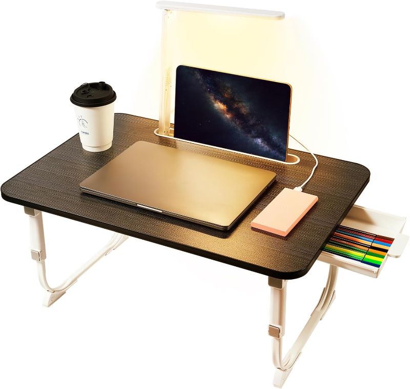 Photo 1 of **LIGHT BROKEN** Laptop Desk for Bed Lap Desk with LED Desk Light, Adjustable Tablet Bed Table with Foldable Legs Storage Drawer, Breakfast Serving Tray Folding Laptop Stand Reading Holder for Sofa Couch Floor (BLACK)