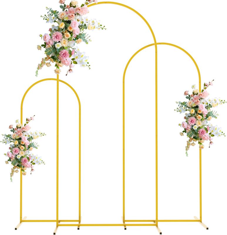 Photo 1 of Wokceer Wedding Arch Backdrop Stand 6FT, 5FT, 4FT Set of 3 Gold Metal Arch Backdrop Stand for Wedding Ceremony Baby Shower Birthday Party Garden Floral Balloon Arch Decoration
