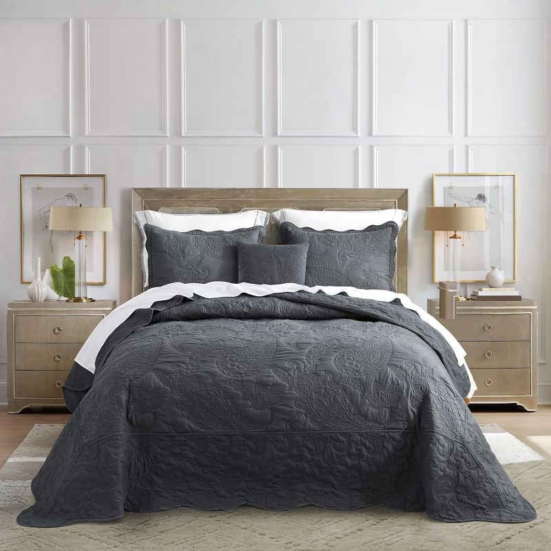 Photo 1 of HZ & HY Oversized King Bedspread 128x120 Extra Wide, Quilted Coverlet Bedding Set, Lightweight Thin Comforter, Reversible, Luxurious, 5 Piece, 100% Microfiber, King/Cal King, Dark Grey
