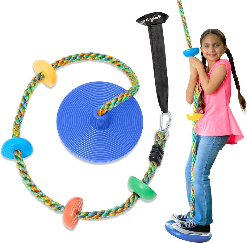 Photo 1 of Jungle Gym Kingdom Tree Swing for Kids - Single Disc Seat and Rainbow Climbing Rope Set w/Carabiner and 4 Foot Strap - Treehouse and Outdoor Playground Accessories - Blue
