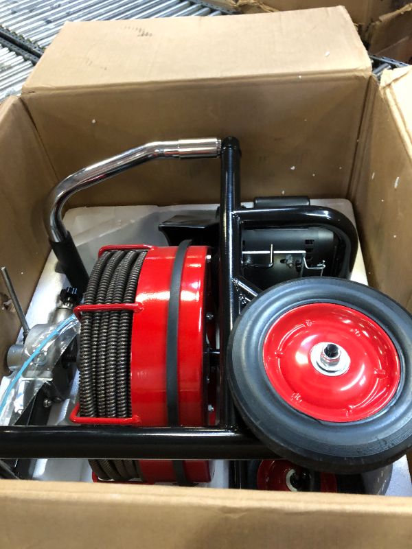 Photo 2 of VEVOR 100FT x 1/2 Inch Drain Cleaning Machine, 550W Sewer Snake Auger Cleaner with 4 Cutters & Air-Activated Foot Switch for 1" to 4" Pipes, Black, Red