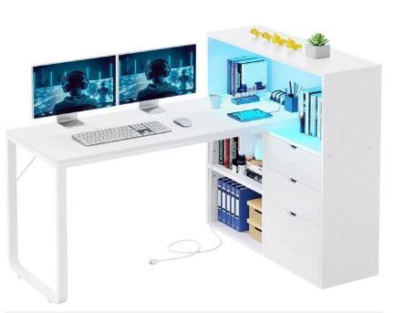 Photo 1 of YITAHOME L Shaped Desk with Power Outlets & LED Lights & File Cabinet, 55" Corner Computer Desk with 3 Drawers & 3 Storage Shelves, Home Office Desk with Bookshelf, White
