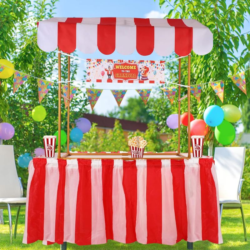 Photo 1 of 45 Pcs Carnival Tabletop Decorating Kit Carnival Circus Concession Stand Decor Red White Striped Table Skirt Welcome to The Carnival Banner Popcorn Boxes Balloon for Carnival Party Decor
