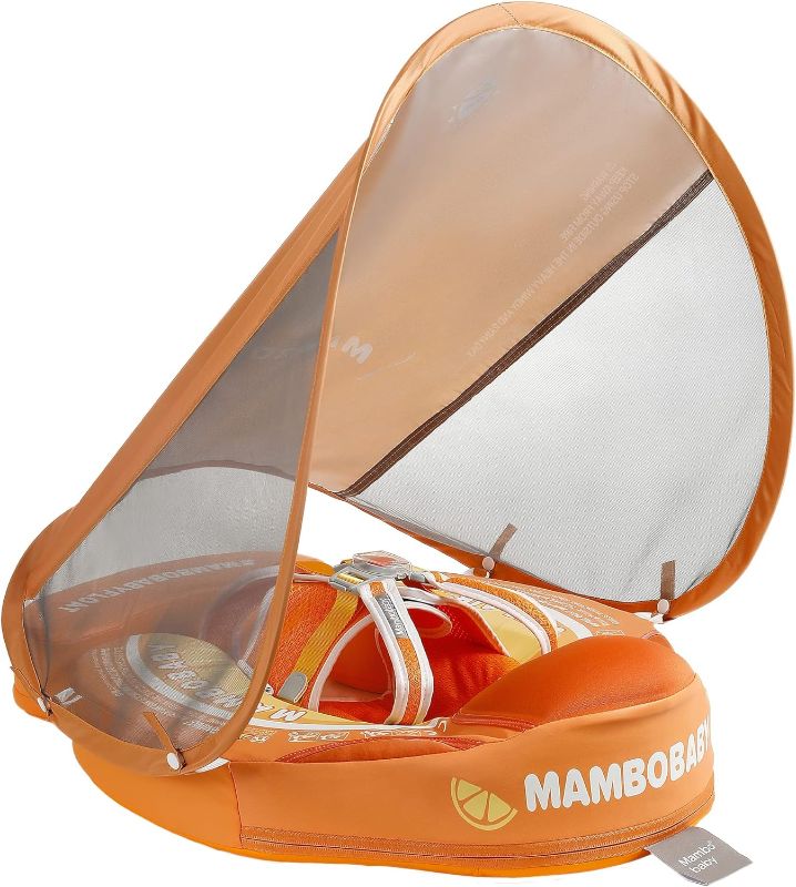 Photo 1 of Mambobaby Float Add Tail Newest Baby Swim Float with Canopy Solid Pool Infant Swim Trainer Swimming Training Lying Air Free Water Floats Non-Inflatable Waist Swim Ring for Toddlers (Orange)
