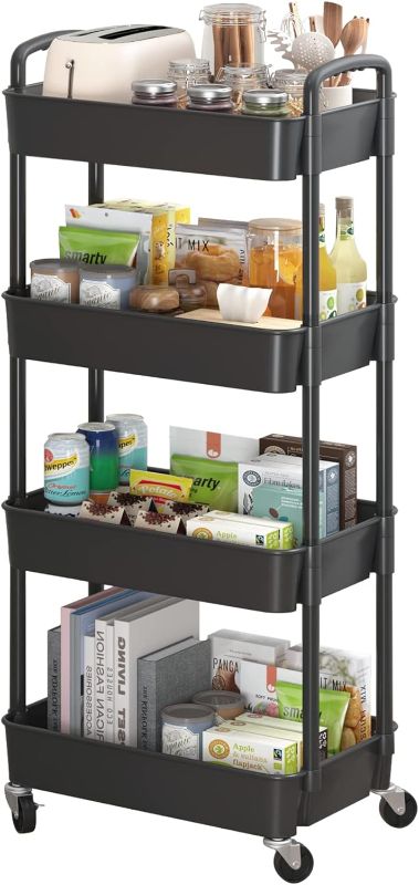 Photo 1 of 4-Tier Plastic Rolling Utility Cart with Handle, Multi-Functional Storage Trolley for Office, Living Room, Kitchen, Movable Storage Organizer with Wheels, Black