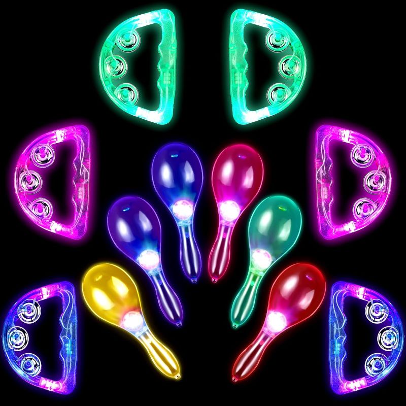 Photo 1 of Wettarn 12 Pcs Light up Tambourine and Mini Maracas LED Flashing Musical Handheld Toy Glow in The Dark Party Favors Plastic Maracas Mexican Led Flashing Shaker for Adults Kids Party Birthday Decor
